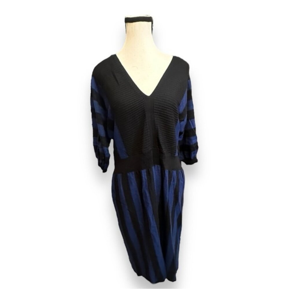 Vintage Womens torrid 2 Blue Black Midi Stripe V Neck Sweater Dress 18 20 L